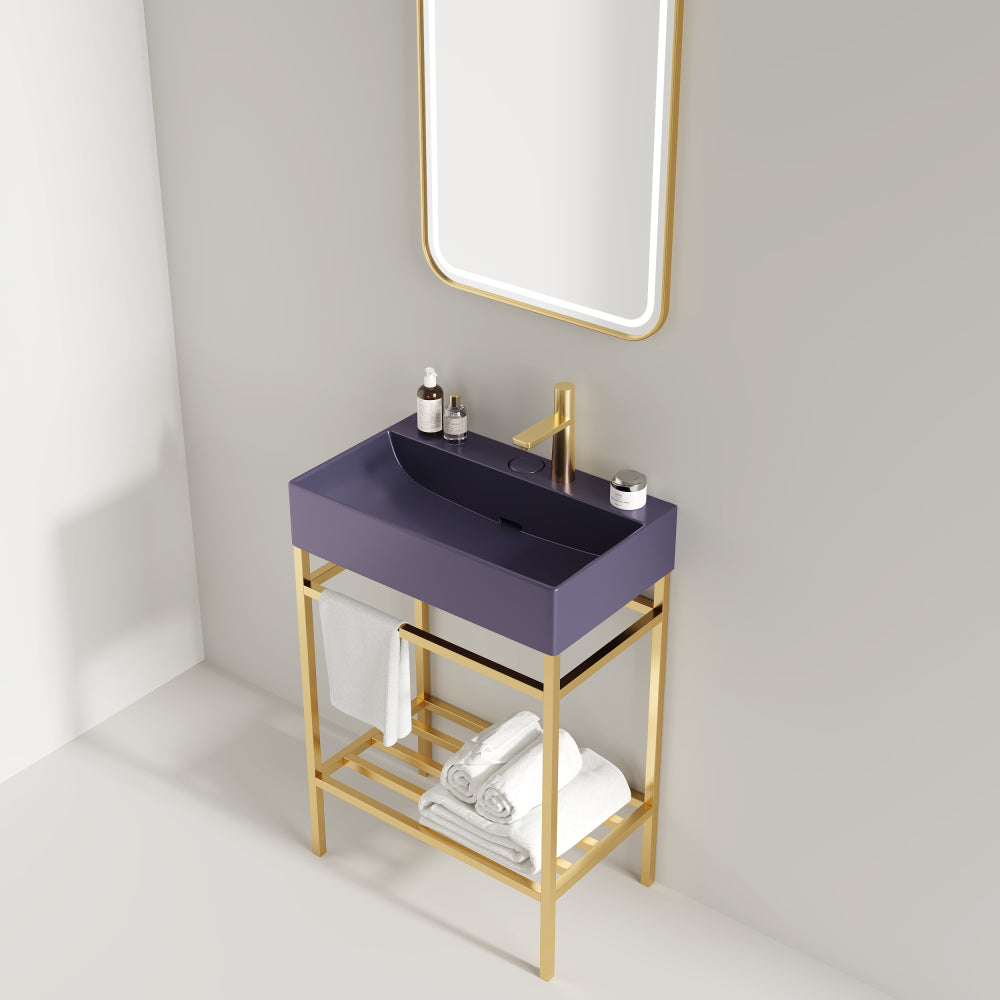 LOFI 24" Bathroom Vanity with Ceramic Basin, Freestanding Bathroom Console Sink Set, Glossy Purple Rectangular Ceramic Basin without Faucet, Open Metal Leg, Storage Shelves, Gold Color