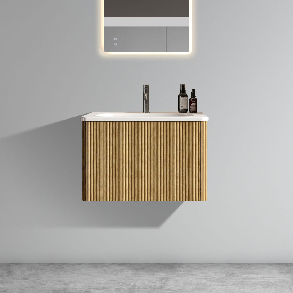 U047-Etna30W-305 Etna 30" Striped Walnut Bathroom Vanity with White Ceramic Sink, Wall Mounted Floating Bathroom Vanity for Modern Bathroom, Pre-assembled