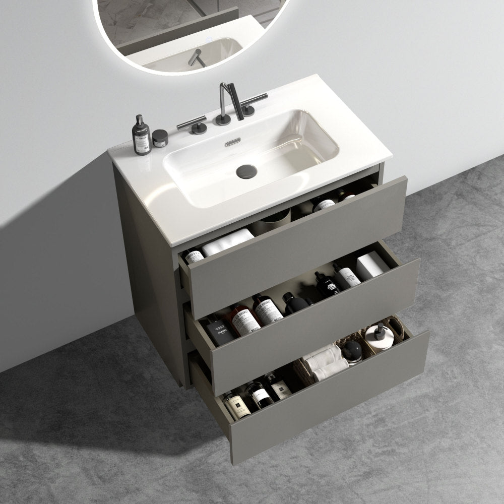 Tia 30" Gray Bathroom Vanity with Sink with 3 Faucet Holes, Large Storage Freestanding Bathroom Vanity for Modern Bathroom, One-Piece White Sink Basin without Drain and Faucet, Pre-assembledT