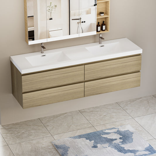 72" Floating Bathroom Vanity with Sink, Modern Wall-Mounted Bathroom Storage Vanity Cabinet with Two Resin Top Basin and Four Soft Close Drawers, Natural Oak 24V11-72NO