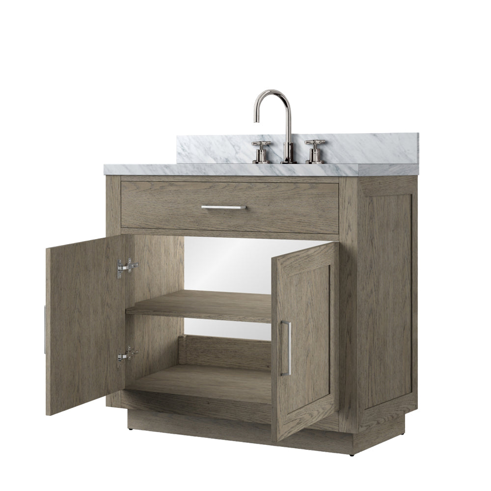 Grey Oak Single Bath Vanity 36 in. W x 22 in. D, Carrara Marble Top, and Faucet Set