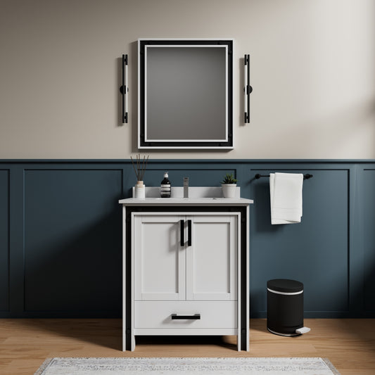 White Bath Vanity 30 in. W x 22 in. D, White Quartz Top and Faucet Set