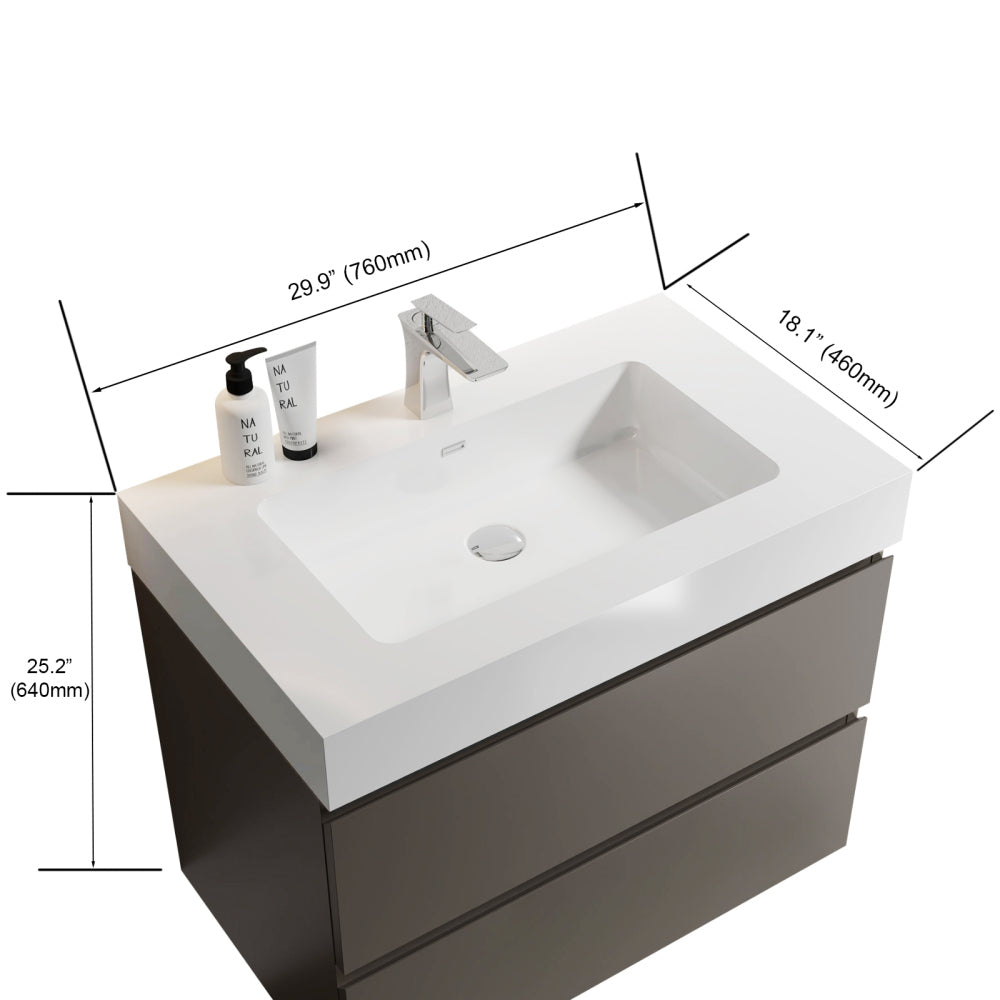 Alice 30" Gray Bathroom Vanity with Sink, Large Storage Wall Mounted Floating Bathroom Vanity for Modern Bathroom, One-Piece White Sink Basin without Drain and Faucet, Pre-assembled