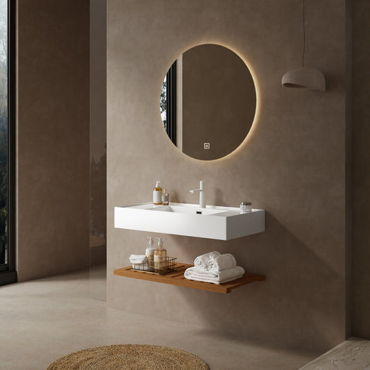 LEDE 36" Bathroom Vanity with Vessel Sink, Wall-Mounted Floating White Rectangular Acrylic Integrated Basin without Faucet, Striped Shelves Layer, Dark Walnut Woodgrain Color