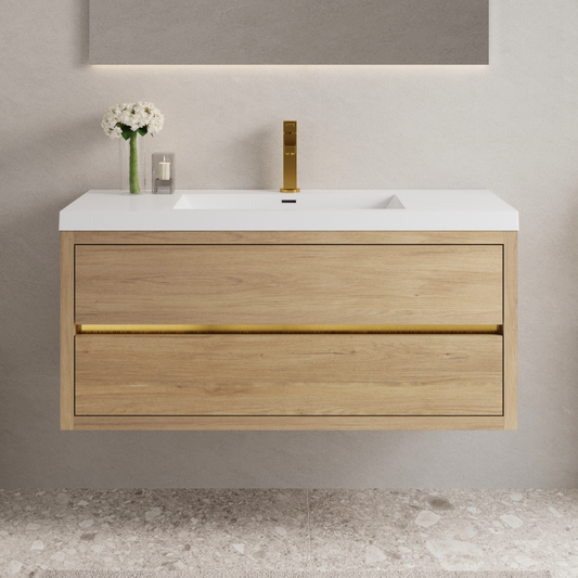 48" Wall-Mounted Bathroom Vanity with Sink, Floating Bathroom Storage Cabinet with Stone Resin Countertop and Soft Close Drawers, Natural Oak 24V15-48NO