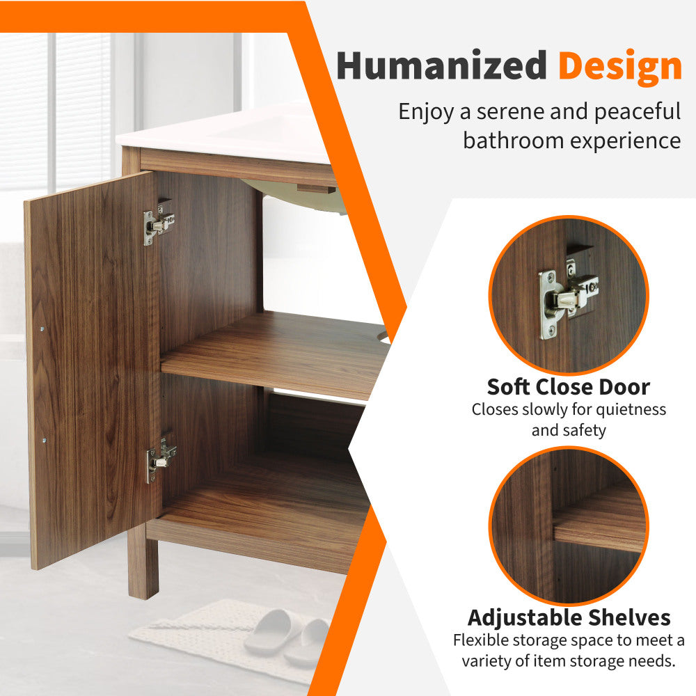 30" Wood Color Bathroom Vanity with Single Sink, Combination Under Counter Sink, Bathroom Storage Cabinet with Soft Closing Door, Multi-Function Storage, Solid Wood Frame