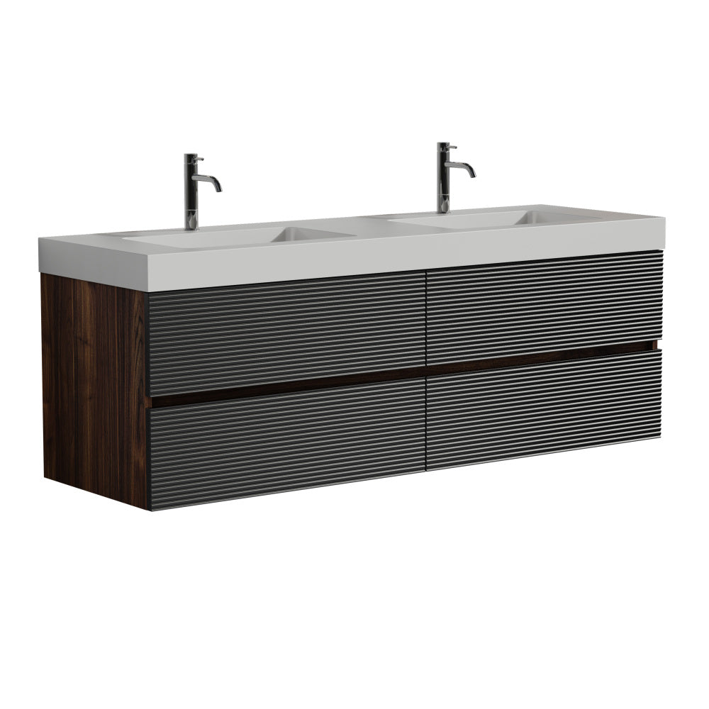 Grace 60" Walnut Bathroom Vanity with Glossy White Solid Surface Sink and Soft Black Drawers, Wall Mounted Floating Bathroom Vanity for Modern Bathroom, One-Piece Glossy White Basin, Pre-assembled
