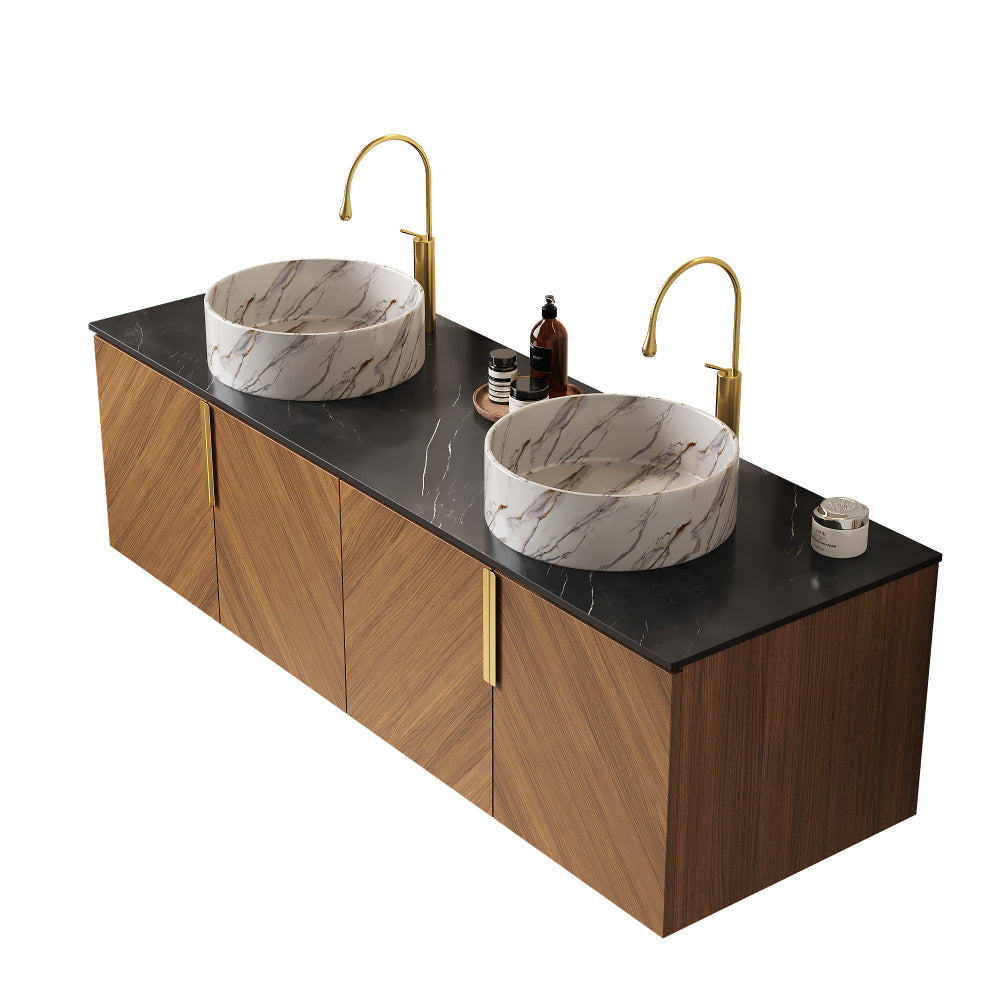 ARAI 60" Bathroom Vanity with Sink, Modern Wall-Mounted Plywood Bathroom Storage Cabinet with 4 Doors, Black Sintered Stone Countertop and 2 White Round Ceramic Basins, Espresso Woodgrain Color
