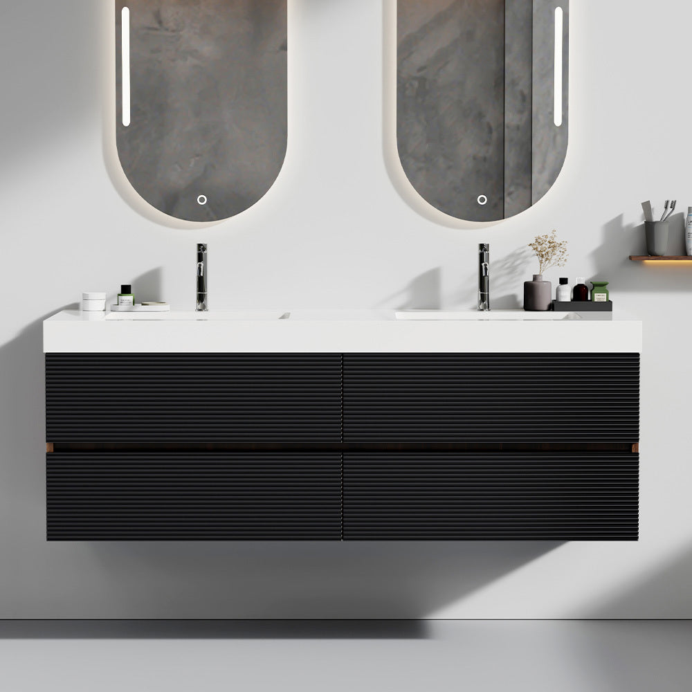 Grace 60" Walnut Bathroom Vanity with Glossy White Solid Surface Sink and Soft Black Drawers, Wall Mounted Floating Bathroom Vanity for Modern Bathroom, One-Piece Glossy White Basin, Pre-assembled