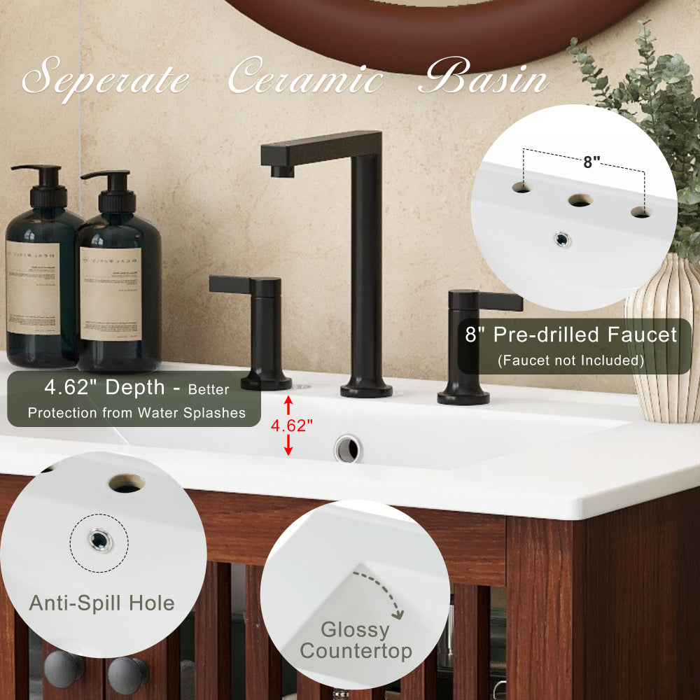 30" Vintage Bathroom Vanity with Ceramic Sink, Modern Bathroom Vanity Cabinet with 2 Soft-Close Doors (Fence-Design) and Large Storage Space, Equpiied with 4 Sturdy Iron Legs, Antique Dark Brown