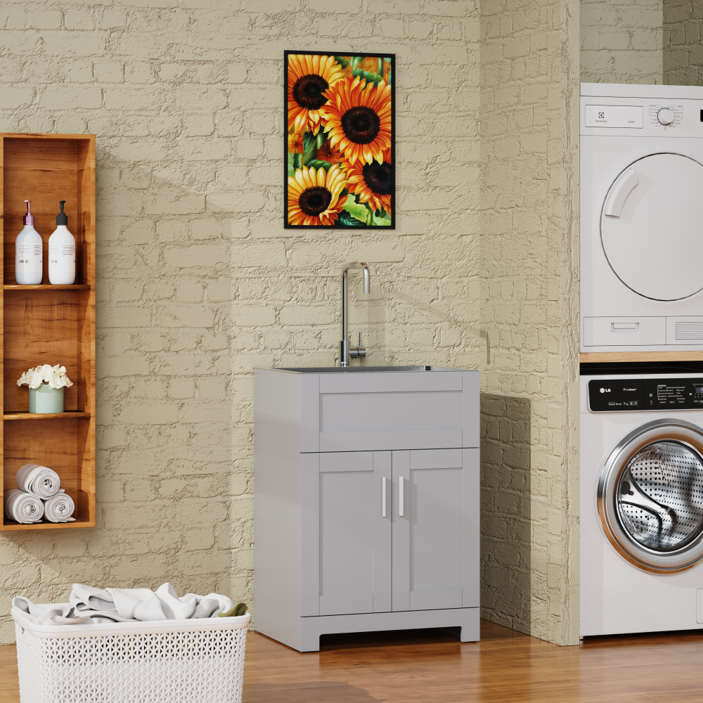 24" Bathroom Sink Vanity Laundry Utility Cabinet w/ Stainless Steel Sink Combo, Gray