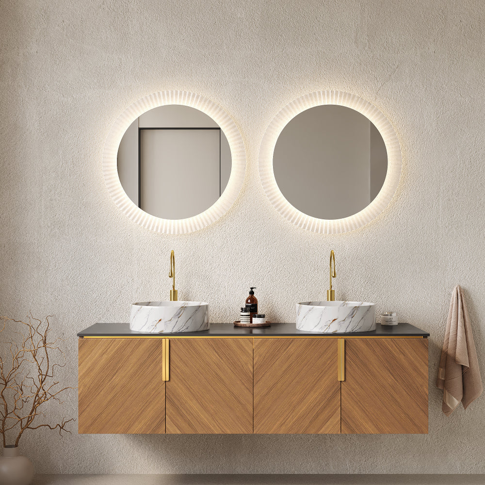 ARAI 60" Bathroom Vanity with Sink, Modern Wall-Mounted Plywood Bathroom Storage Cabinet with 4 Doors, Black Sintered Stone Countertop and 2 White Round Ceramic Basins, Espresso Woodgrain Color