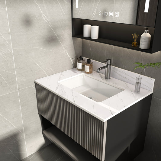 31 Inch Marble Vanity Top, White Vanity Top with Pre-drilled Faucet Holes, Bathroom Vanity Top with Undermount Rectangular Middle Sink and 4" Height Backsplash,  Bianco Carrara Venato