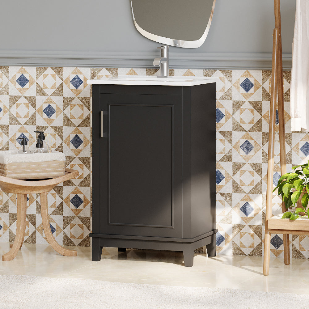[Viedo] 20 Inch Modern Small Bathroom Vanity Cabinet With Ceramic Basin- 20*14.5*33.3 Inches,Ample Storage,1 Soft Close Door