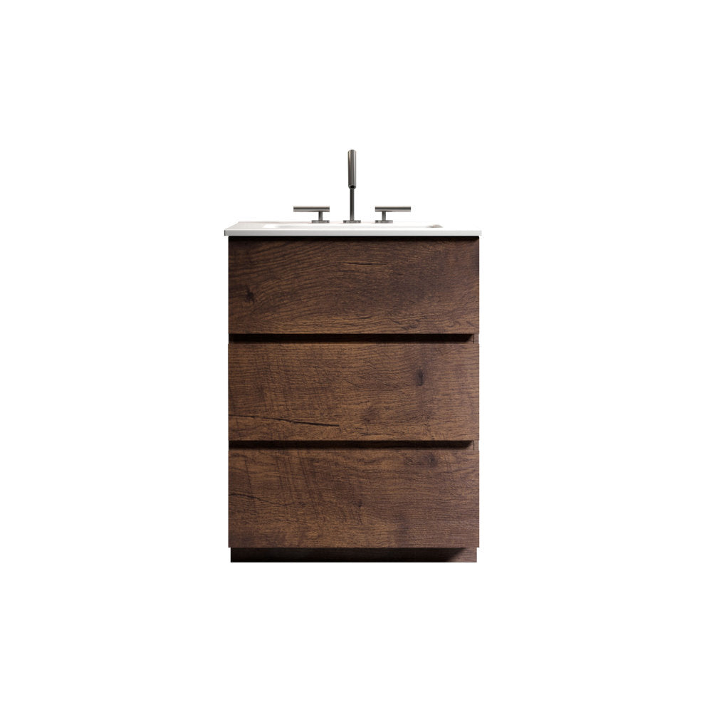 TIA 30" Walnut Bathroom Vanity with Sink with 3 Faucet Holes, Large Storage Freestanding Bathroom Vanity for Modern Bathroom, One-Piece White Sink Basin without Drain and Faucet, Pre-assemble