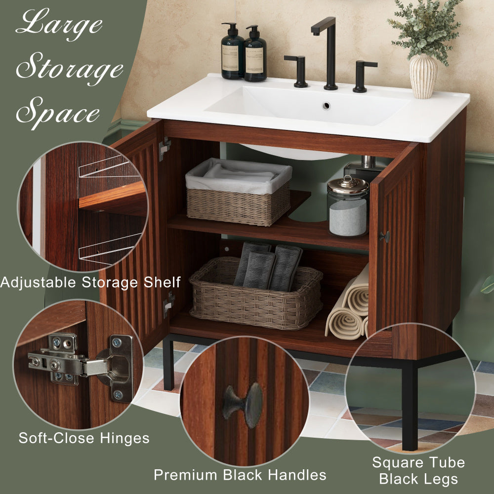30" Vintage Bathroom Vanity with Ceramic Sink, Modern Bathroom Vanity Cabinet with 2 Soft-Close Doors (Fence-Design) and Large Storage Space, Equpiied with 4 Sturdy Iron Legs, Antique Dark Brown