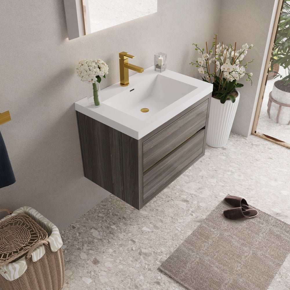 30" Wall-Mounted Bathroom Vanity with Sink, Floating Bathroom Storage Cabinet with Stone Resin Countertop and Soft Close Drawers, Ash Grey 24V15-30AG