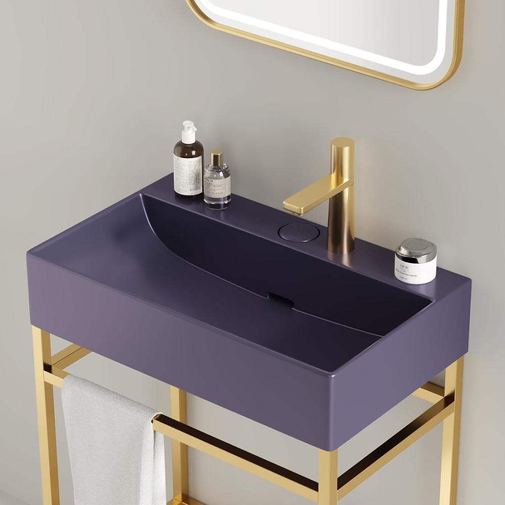 LOFI 24" Bathroom Vanity with Ceramic Basin, Freestanding Bathroom Console Sink Set, Glossy Purple Rectangular Ceramic Basin without Faucet, Open Metal Leg, Storage Shelves, Gold Color
