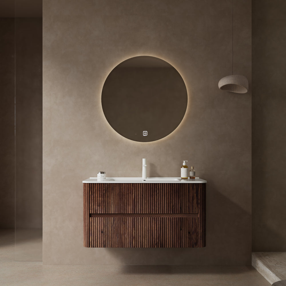 NOOR 30" Bathroom Vanity with Sink, Modern Wall-Mounted Floating Plywood  Bathroom Storage Cabinet with 2 Drawers, White Ceramic Basin with Sink Hole Cover and Drain, Pre-assembled, Retro Walnut