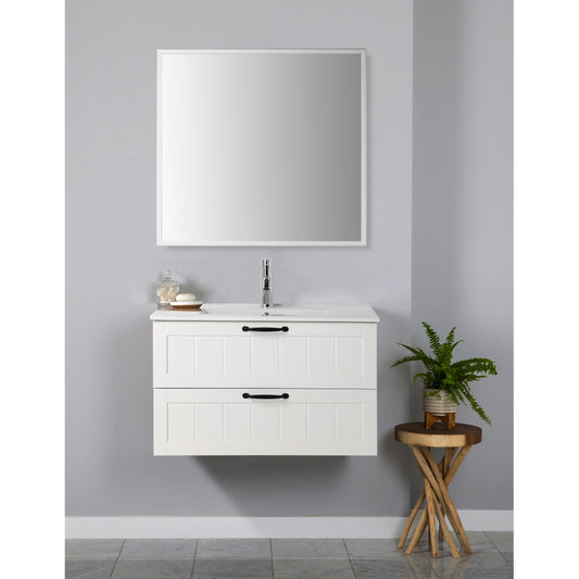 31.5inch Modern Style Bathroom Cabinet, Double Drawer With Decor Line,Wall-Mounted Bathroom Vanity with Basin & Mirror,Soft-Close System,for Bathroom,White