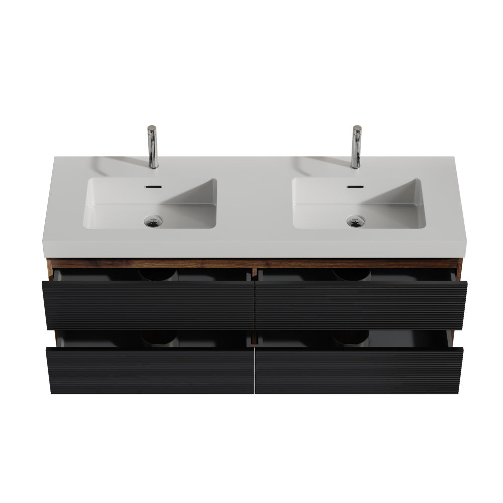 Grace 60" Walnut Bathroom Vanity with Glossy White Solid Surface Sink and Soft Black Drawers, Wall Mounted Floating Bathroom Vanity for Modern Bathroom, One-Piece Glossy White Basin, Pre-assembled