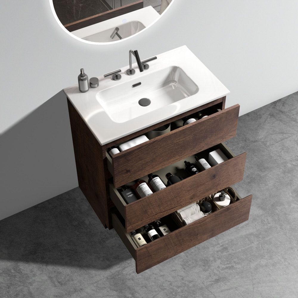 TIA 30" Walnut Bathroom Vanity with Sink with 3 Faucet Holes, Large Storage Freestanding Bathroom Vanity for Modern Bathroom, One-Piece White Sink Basin without Drain and Faucet, Pre-assemble