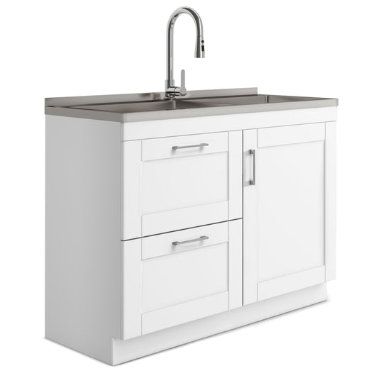 Modern Wide Shaker - 46" Laundry Cabinet with Faucet and Stainless Steel Sink - White
